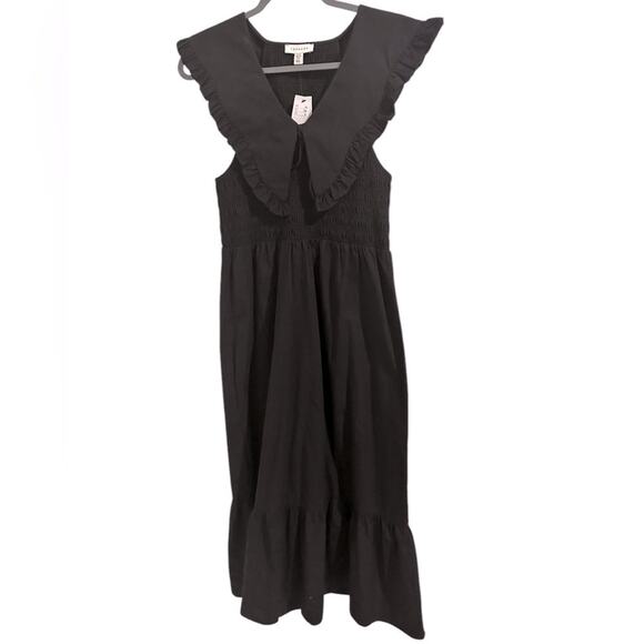 Topshop Oversized Collar Shirred Midi Dress in Black, size 6 - Picture 2 of 7